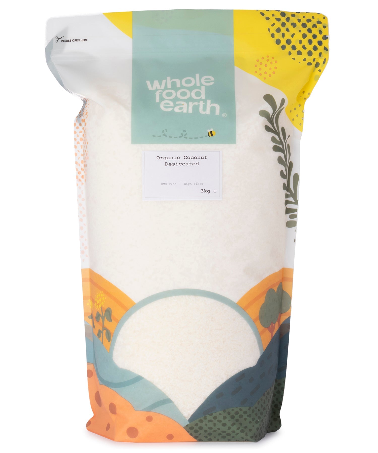Organic coconut desiccated from Whole Food Earth, dried shredded coconut in a 3kg package, suitable for baking and cooking.