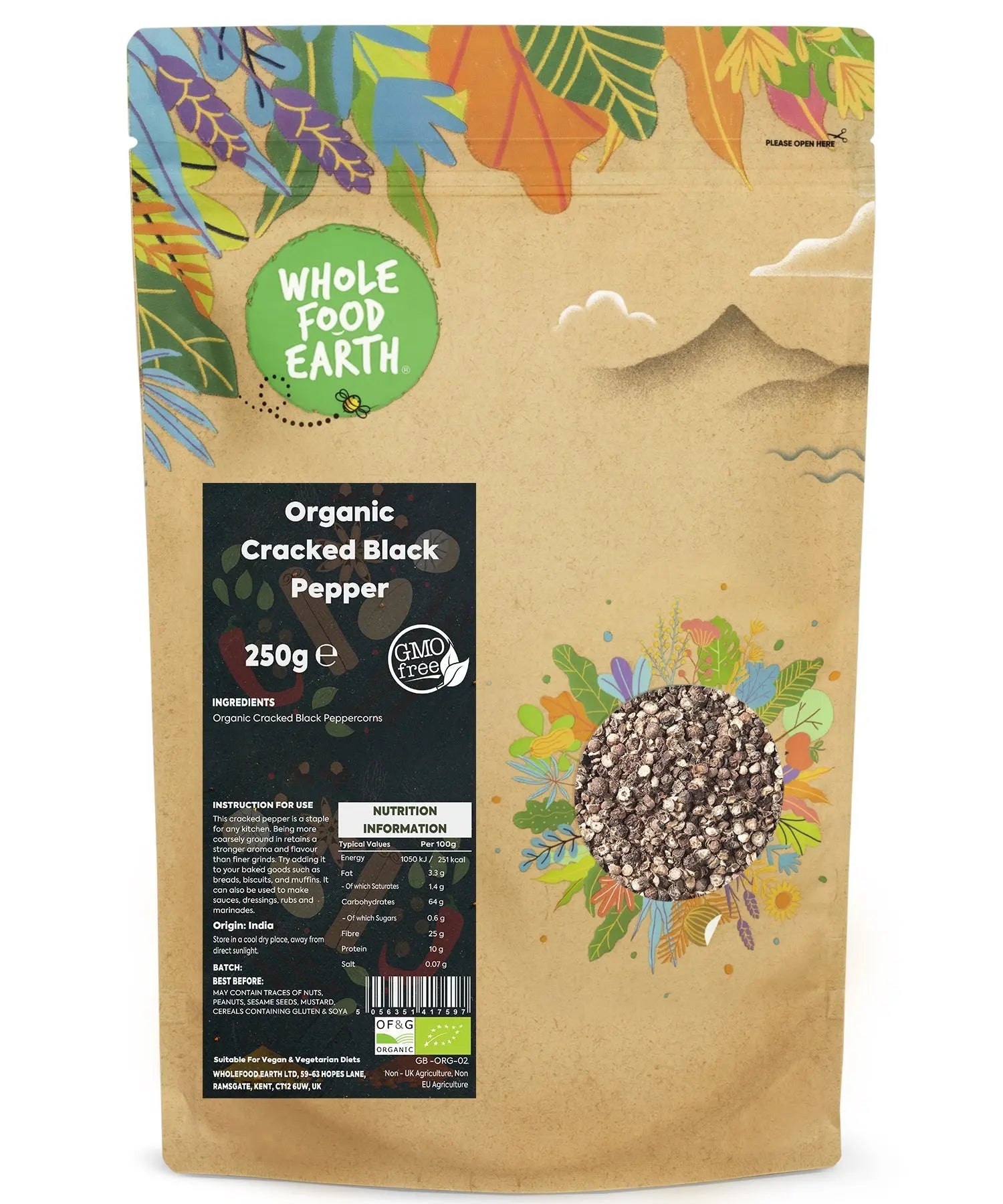 Organic cracked black pepper from Whole Food Earth, fresh herbs and spices, showing coarse black pepper with cracked texture in a jar.
