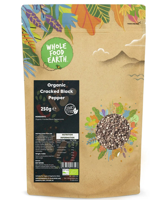 Organic cracked black pepper from Whole Food Earth, fresh herbs and spices, showing coarse black pepper with cracked texture in a jar.