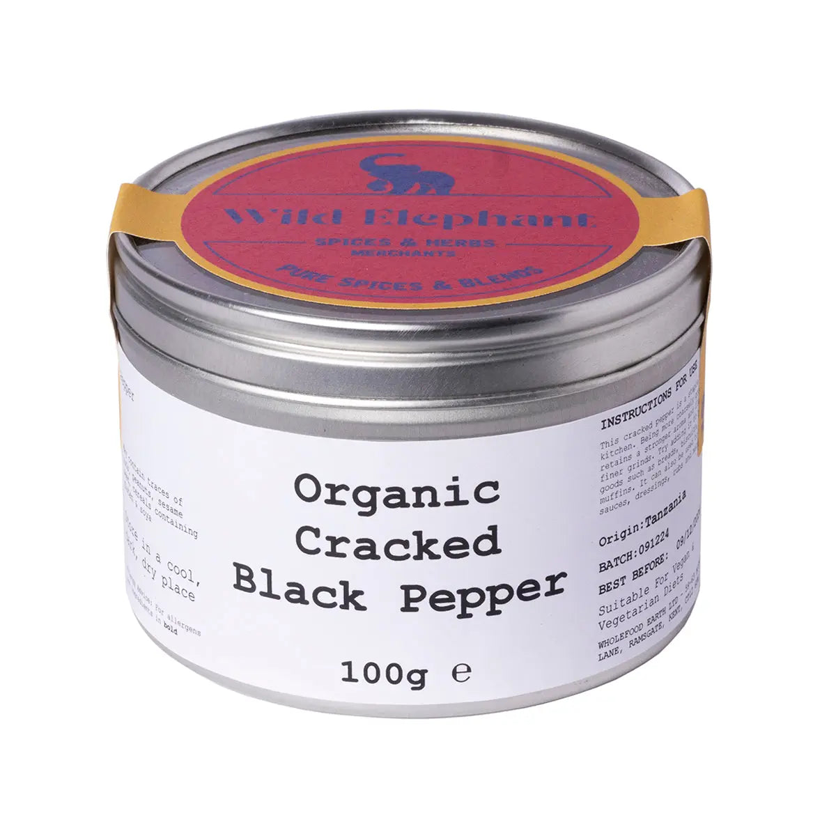 Organic cracked black pepper from Wild Elephant, whole black pepper spice for cooking, by Whole Food Earth, close-up of spice grains.