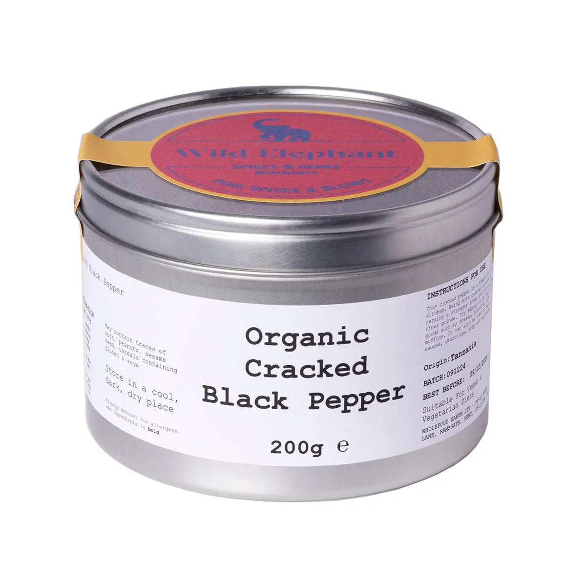 Organic cracked black pepper from Wild Elephant, whole black peppercorns in a natural herb and spice product image.