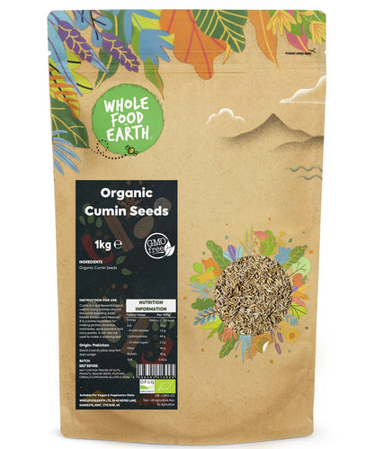 Organic cumin seeds in a 1kg bag from Whole Food Earth, fresh herbs and spices for cooking and seasoning.