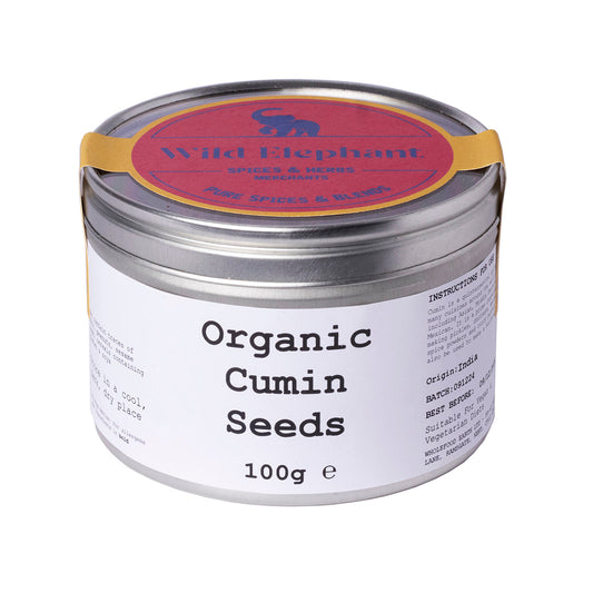 Organic cumin seeds from Wild Elephant in a 100g package, fresh herbs and spices for cooking.