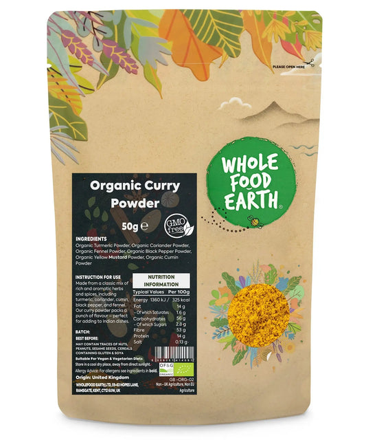 Organic curry powder from ArtisanBox in a 50g package, showcasing a vibrant blend of spices in a natural setting.