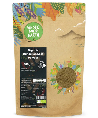 Organic dandelion leaf powder in a 500g package by Whole Food Earth, showing the fine green herbal powder in a clear container.
