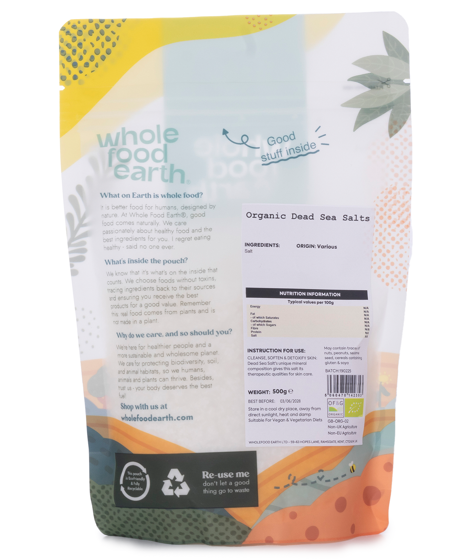 Organic Dead Sea salts mineral pack from Whole Food Earth, showing 500g of natural mineral salts in a clear container.