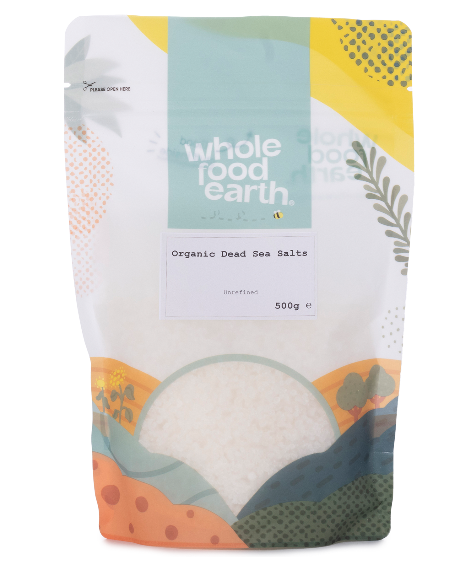 Organic Dead Sea salts from Whole Food Earth, 500g mineral and salt product with white crystalline crystals on a plain background.