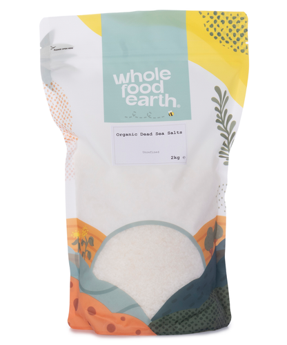Two kilograms of Whole Food Earth organic Dead Sea salts, mineral-rich salts in a clear plastic bag.