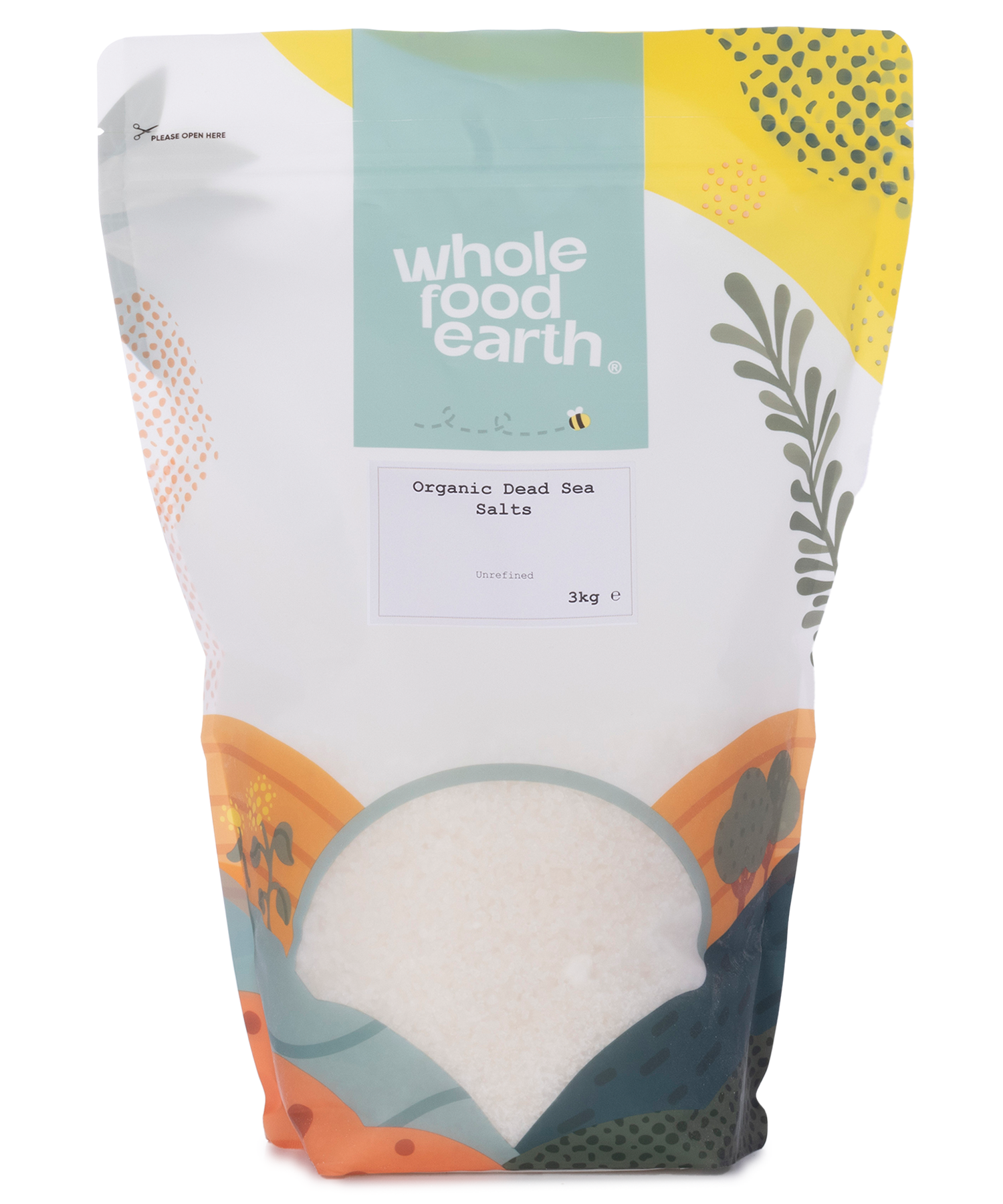 Organic Dead Sea salts from Whole Food Earth in a 3kg bag, showcasing natural mineral-rich salts for bath and skincare uses.