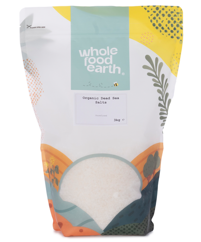 Organic Dead Sea salts from Whole Food Earth in a 3kg bag, showcasing natural mineral-rich salts for bath and skincare uses.