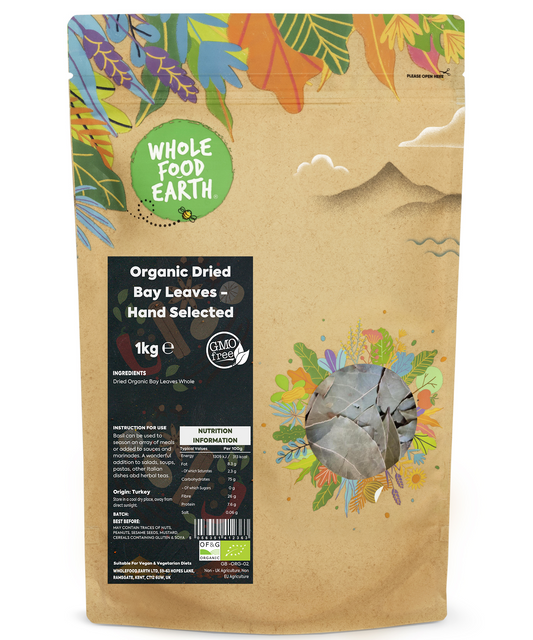 Hand-selected organic dried bay leaves from Whole Food Earth, 1kg, fresh herbs and spices for cooking and seasoning.