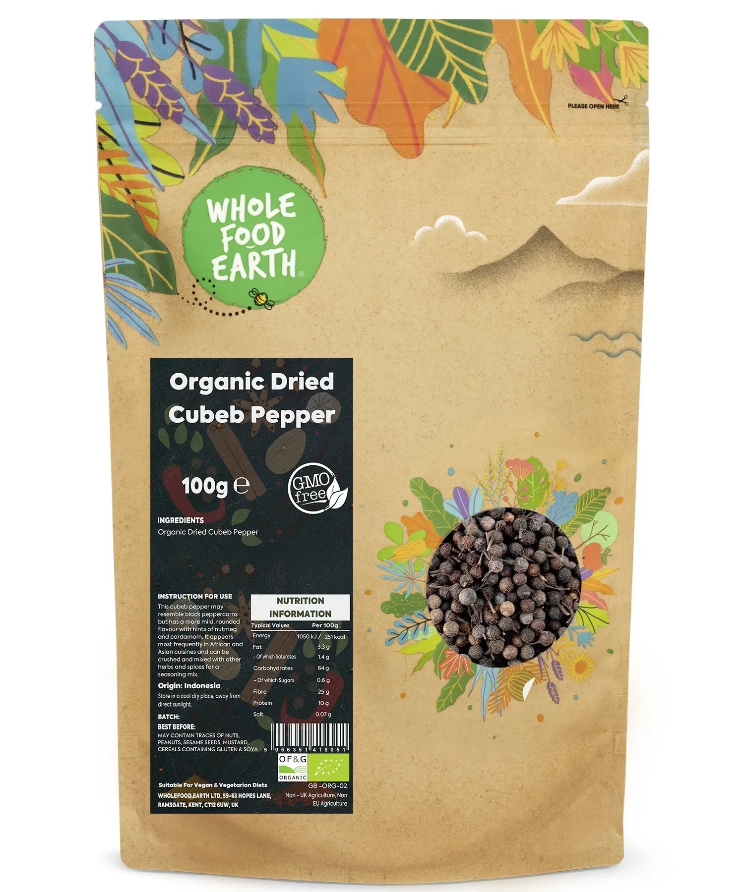 Organic dried cubeb pepper from Whole Food Earth, a herbal spice with small, textured dark peppercorns for culinary use.