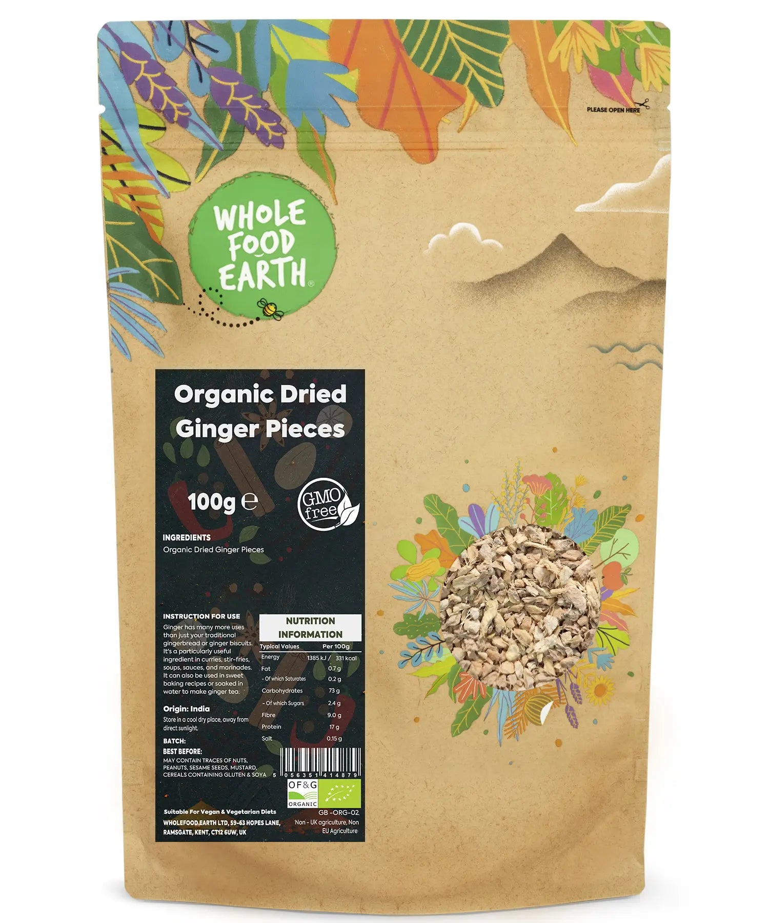 Organic ginger root cut pieces from Whole Food Earth, dried herbal spice in a 100g package, showcasing fresh, sliced ginger pieces.