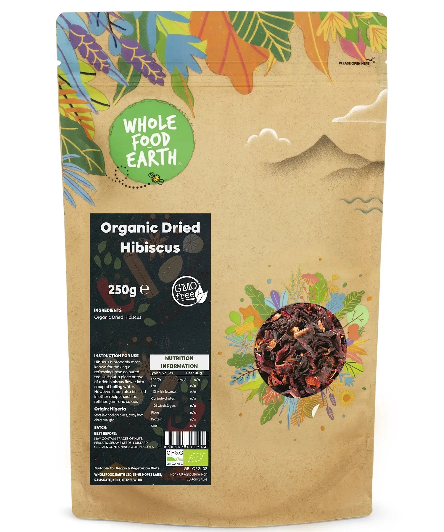 Dried organic hibiscus flowers in a 250g package, prepared for herbal teas and culinary use.