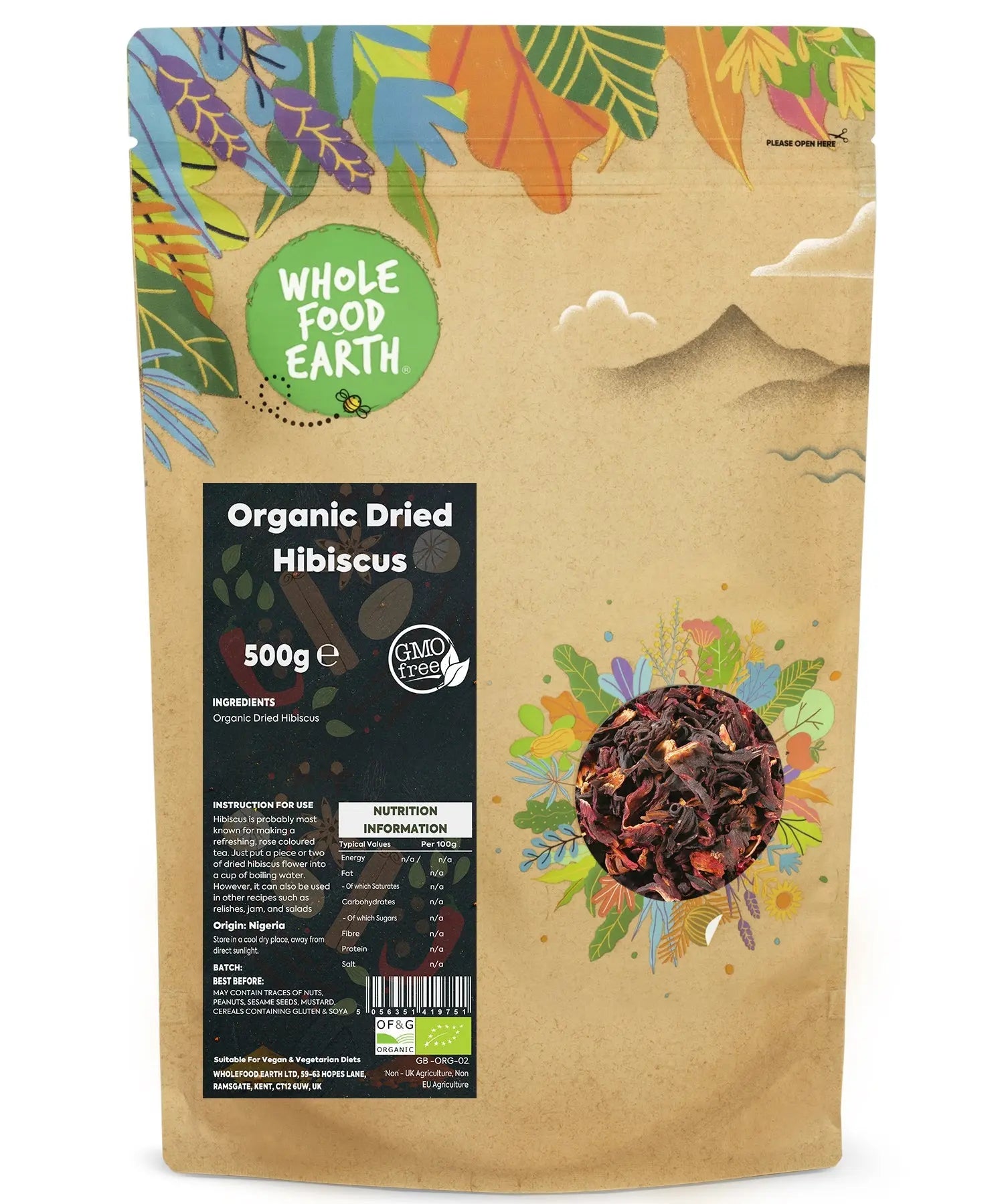 Organic dried hibiscus flowers from Whole Food Earth, herbal spice for teas and culinary uses, displayed in a clear container.