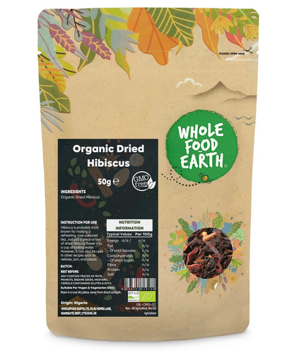 Dried organic hibiscus flowers from Whole Food Earth, herbal spice in a 50g package, vibrant red dried hibiscus blossoms.