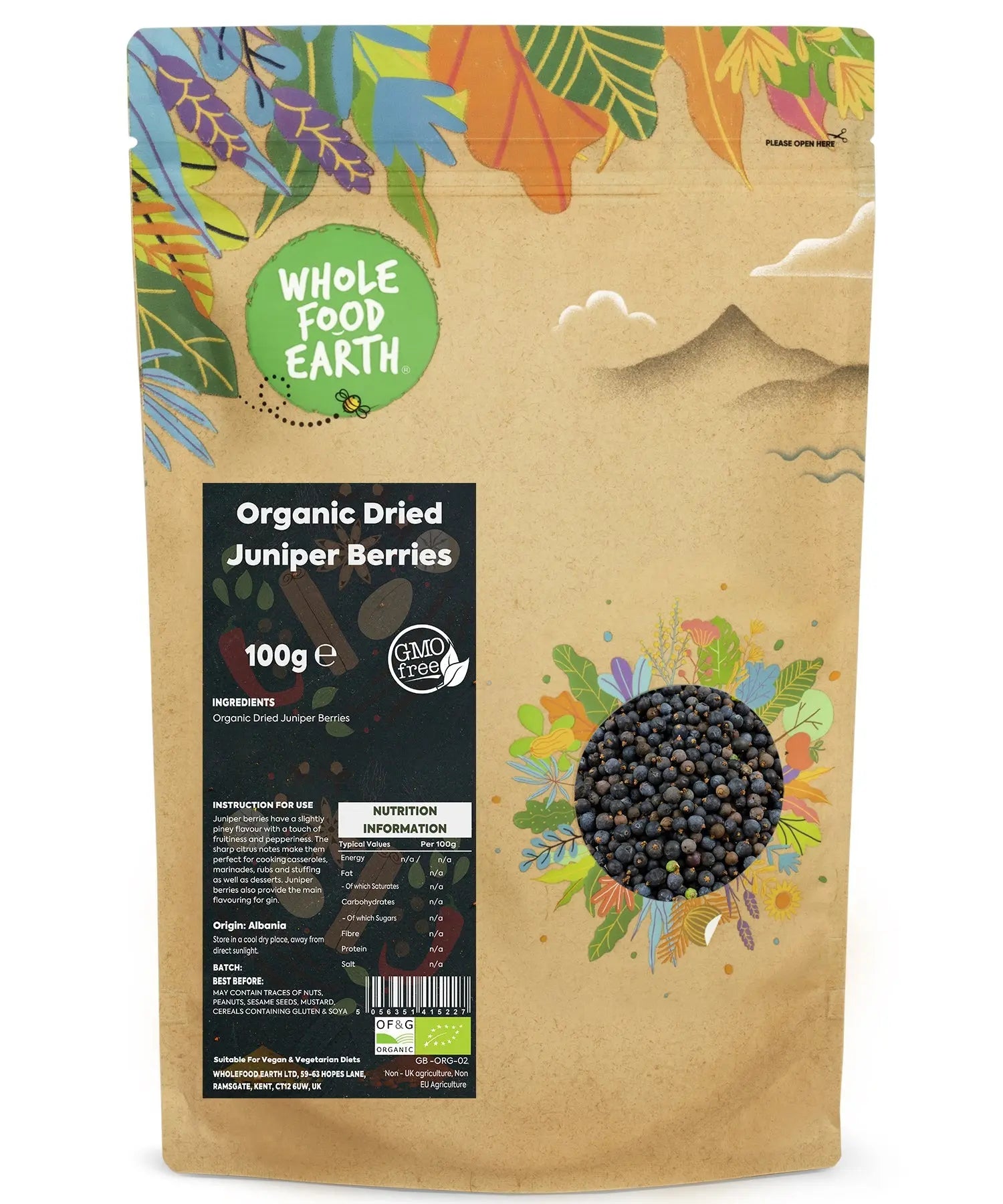 Organic dried juniper berries from Whole Food Earth, herbal spice with small blue berries, used for flavoring and herbal remedies.