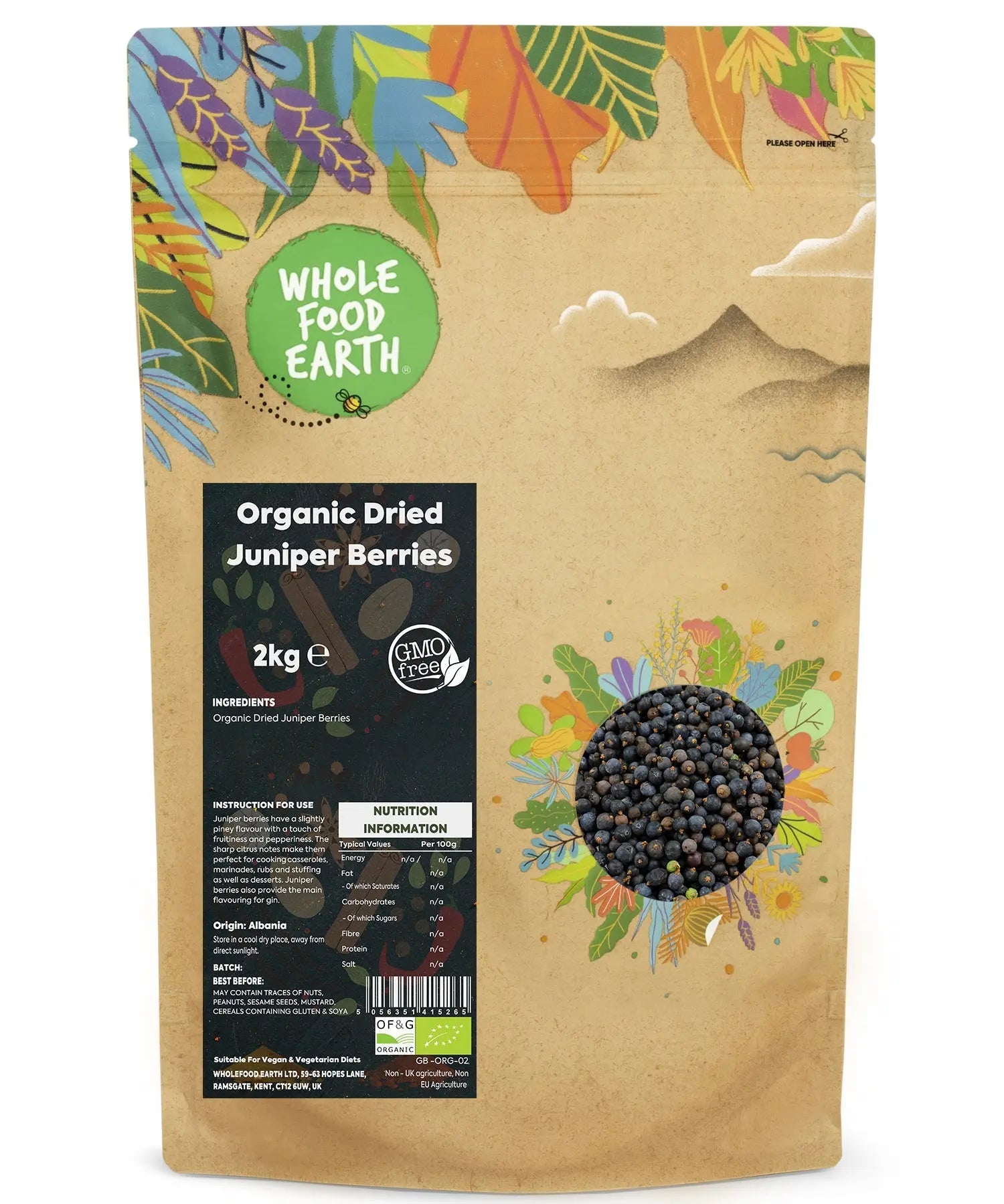 Organic dried juniper berries from Whole Food Earth, premium herbs and spices for culinary use in cooking and flavoring.
