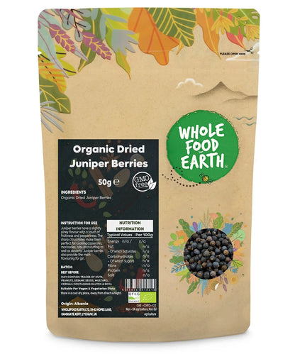 Dried organic juniper berries from Whole Food Earth, a natural herb and spice with small blue-black berries on a white background.