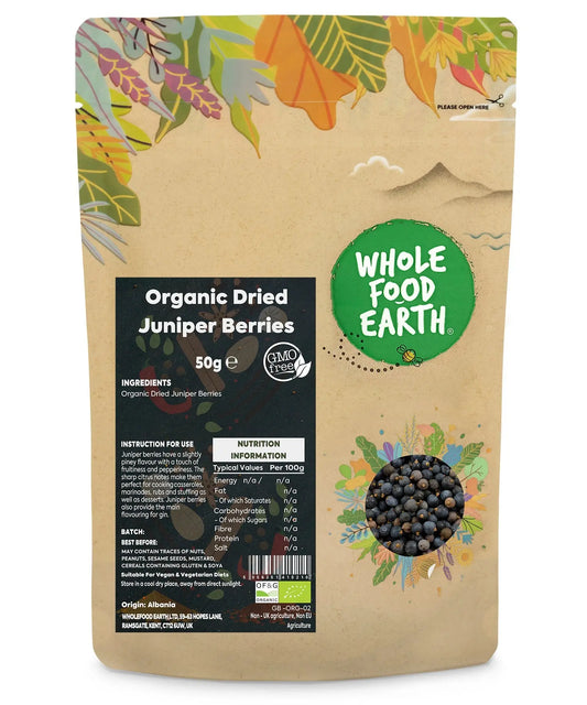 Organic dried juniper berries from ArtisanBox, small blue-purple berries used for culinary and herbal purposes.