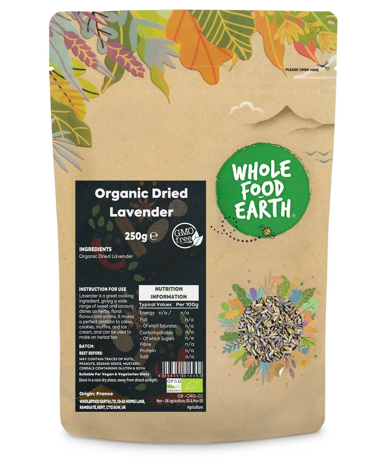 Dried organic lavender herbs in a 250g package from Whole Food Earth, showcasing fresh purple lavender flowers and stems.