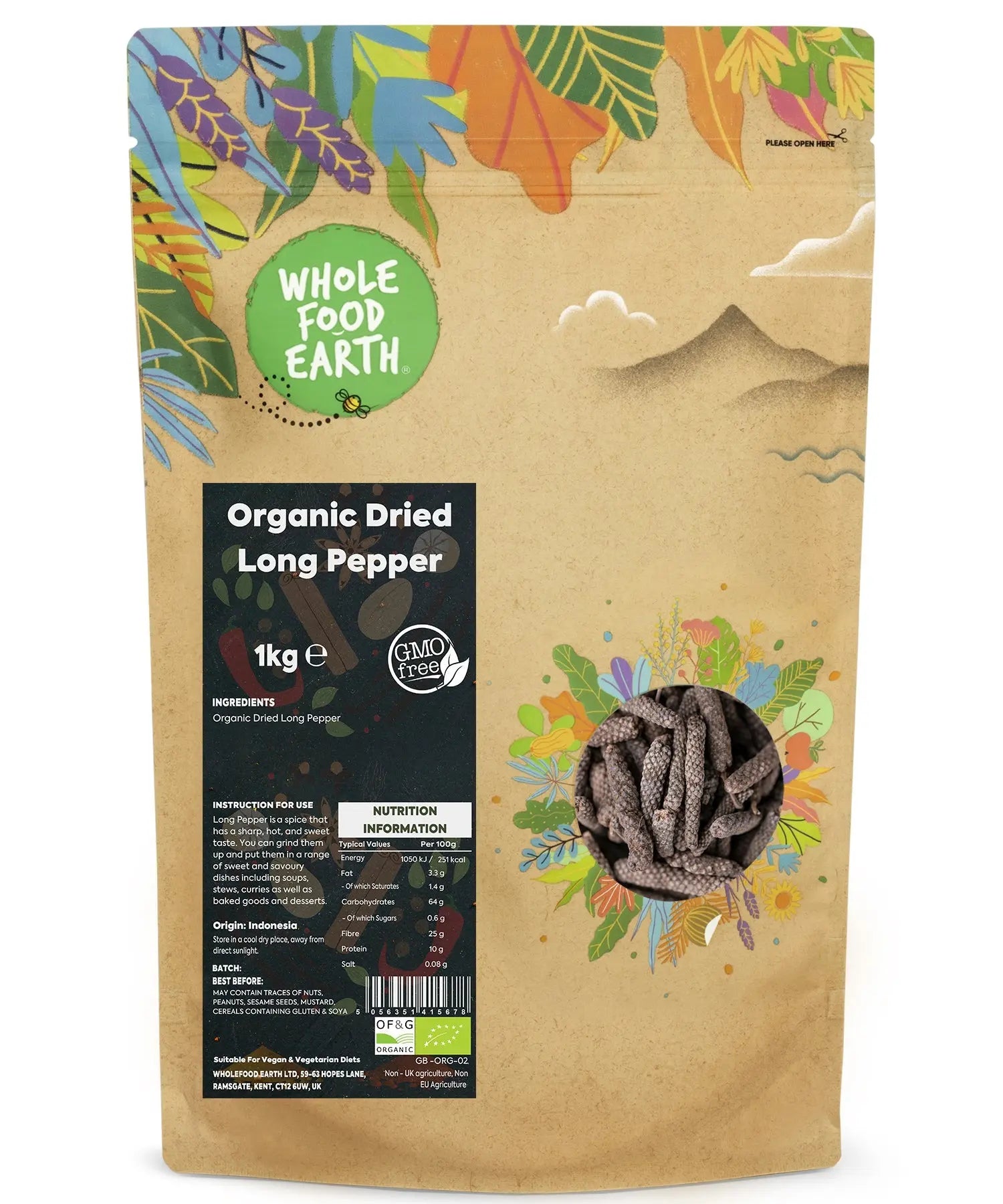 Organic long pepper from Whole Food Earth, dried and whole, used as a herbal spice in cooking, shown in a 1kg package.