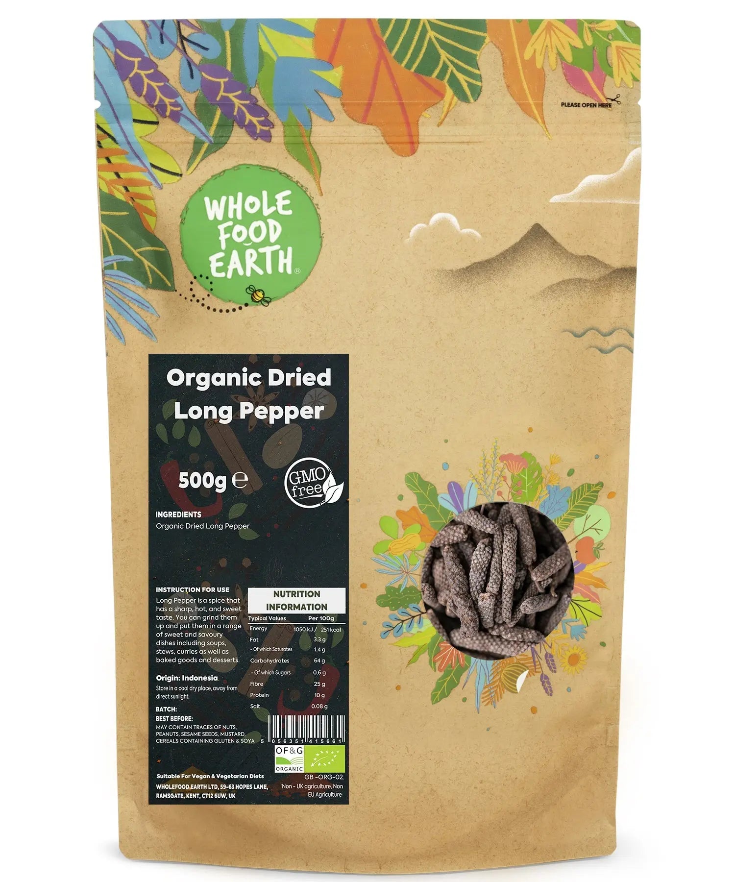 Dried organic long pepper spice in a 500g package, from Whole Food Earth, showing whole dark peppercorns with a textured surface.