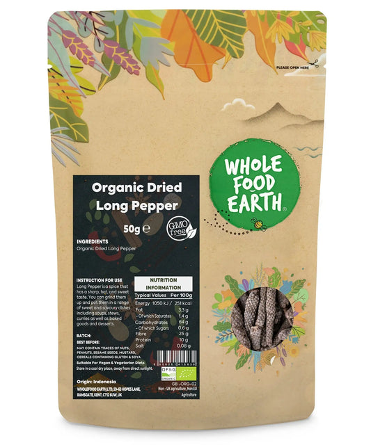 Dried organic long pepper from ArtisanBox, 50g, showing the long, dark spice pods with a textured surface.