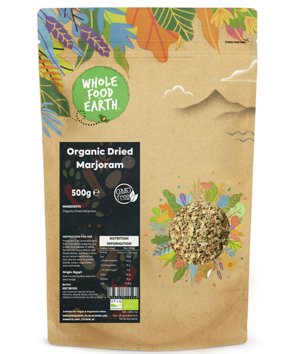 Organic dried marjoram herb from Whole Food Earth, 500g, showing fresh green leaves and dried herb in a clear container.