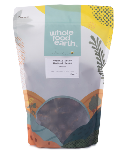 Organic dried Medjool dates from Whole Food Earth, showcasing plump, glossy Medjool dates in a 2kg package.