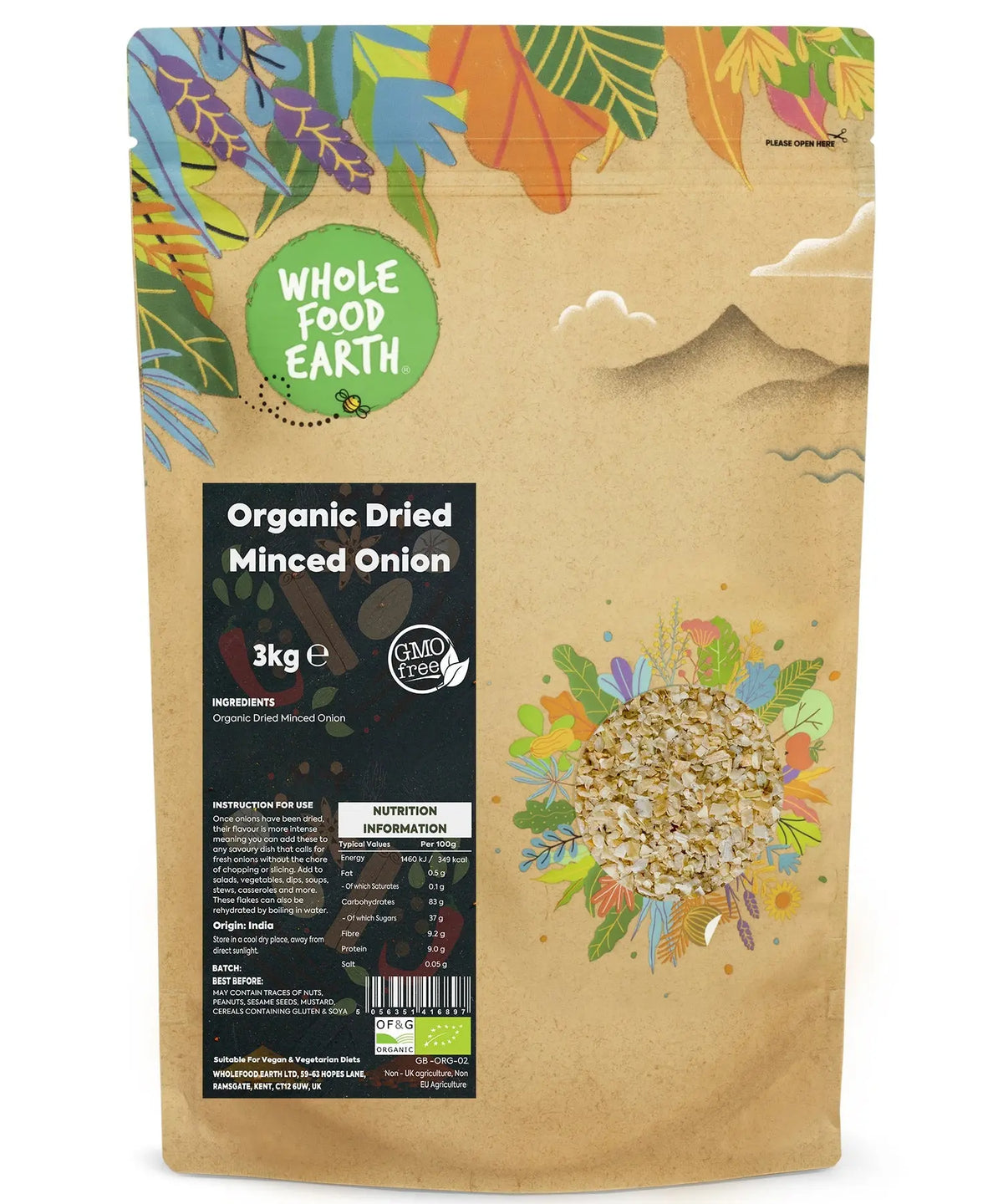 Organic dried minced onion from Whole Food Earth, a wholesome herbs and spices product, shown in a 3kg package.
