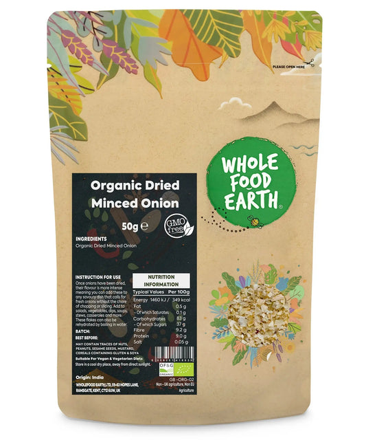 Organic onion minced by ArtisanBox, dried and finely chopped in a 50g package, ready for cooking or seasoning.