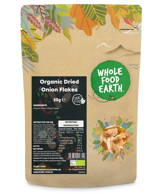 Organic Onion Flakes from ArtisanBox, dried and sliced onion flakes in a 50g package for cooking and seasoning.