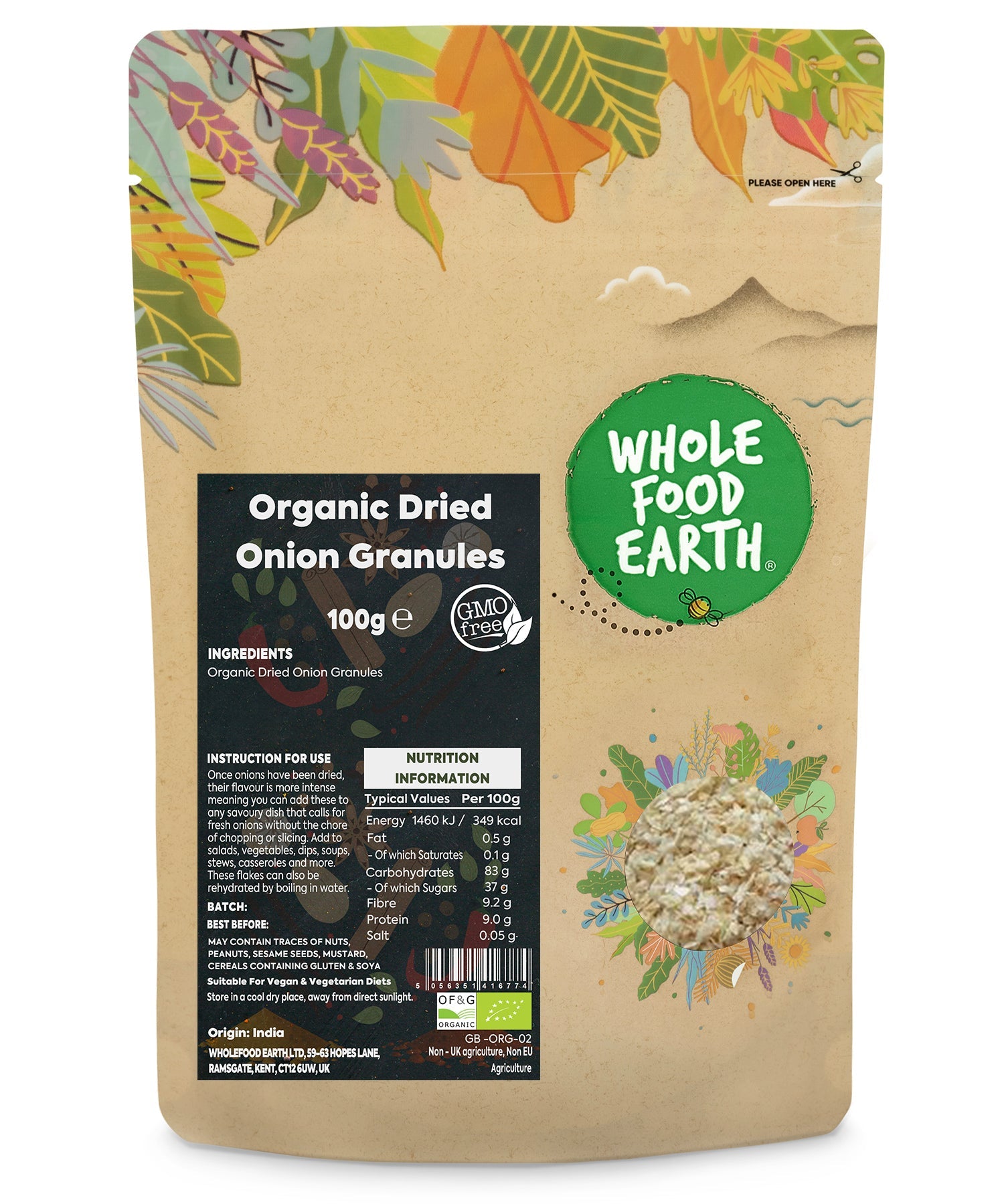 Organic Onion Granules from Whole Food Earth, dried herbs and spices in a 100g package, showing textured onion granules.