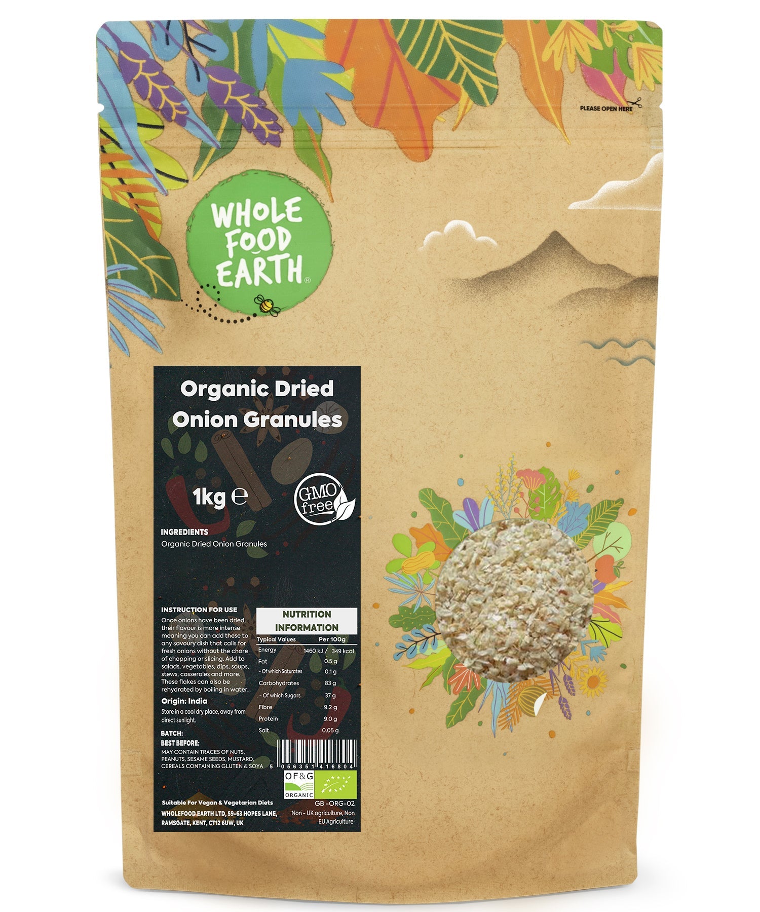 Organic onion granules from Whole Food Earth, dried herbs and spices, 1kg bag, showing fine, dried onion granules in a clear container.