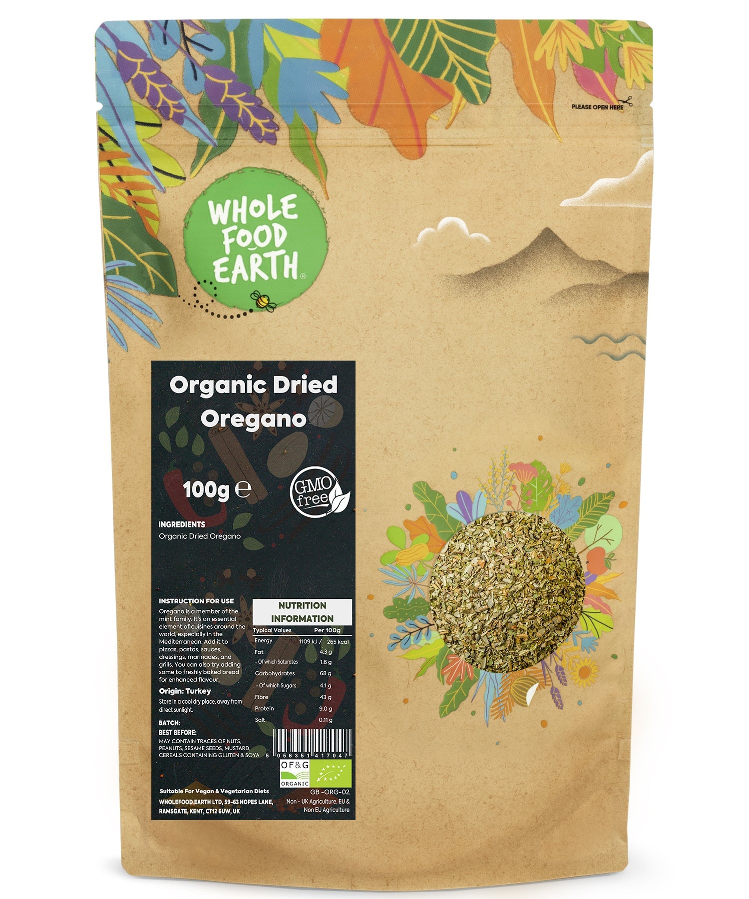 Dried organic oregano herb in a 100g package by Whole Food Earth, showing green, leafy oregano leaves.