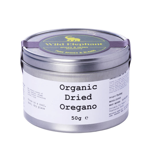 Organic dried oregano from Wild Elephant, a 50g package of Whole Food Earth herbs and spices, shown in a clear image.