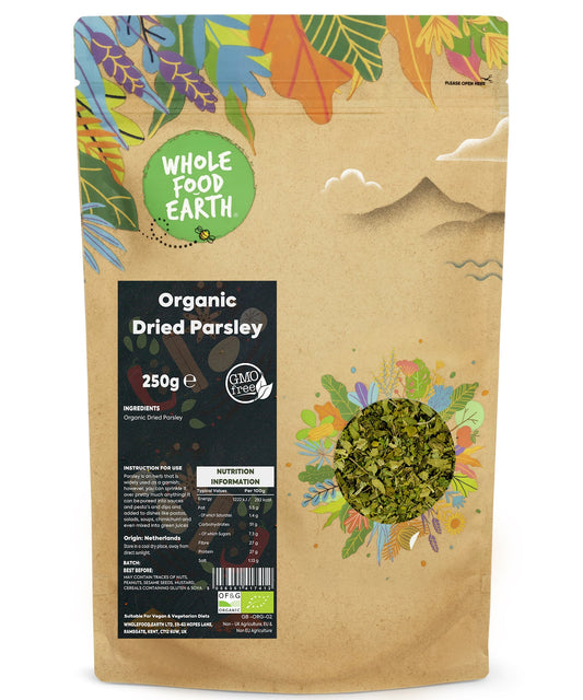 Organic dried parsley herb from Whole Food Earth, 250g, fresh green herb in a clear jar for cooking and garnishing.