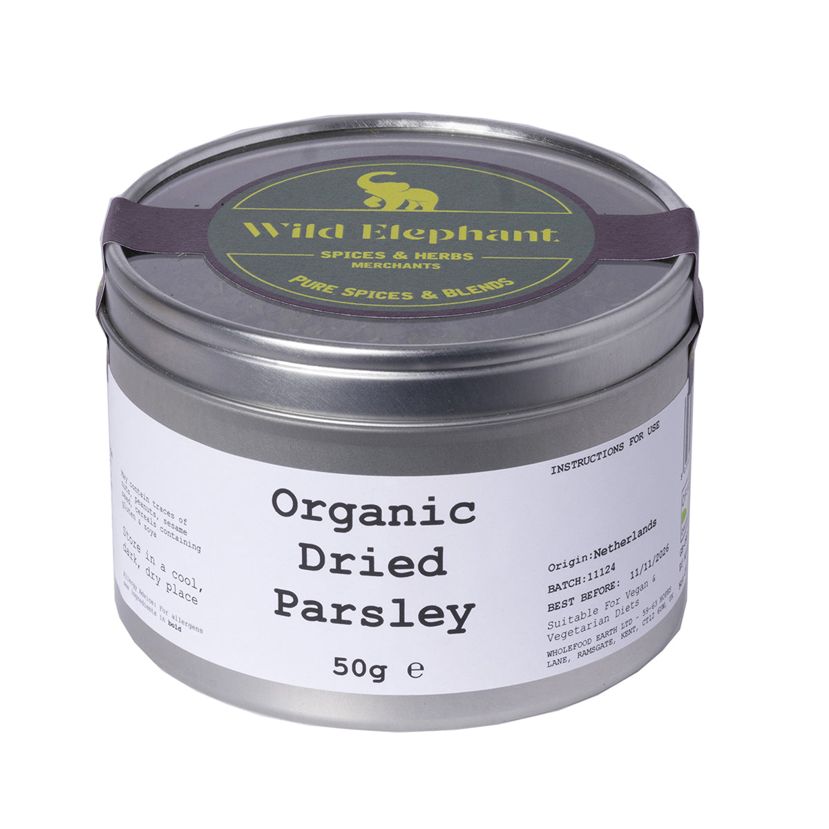 Organic dried parsley from Wild Elephant displayed in a clear jar, showing vibrant green, dried herb leaves for herbs and spices.