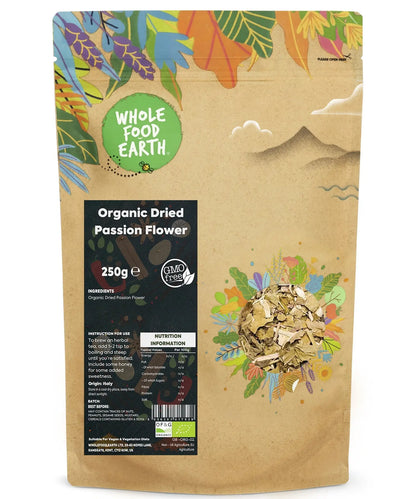 Organic dried passionflower herb from Whole Food Earth, 250g, with vibrant dried passionflower blossoms and leaves.