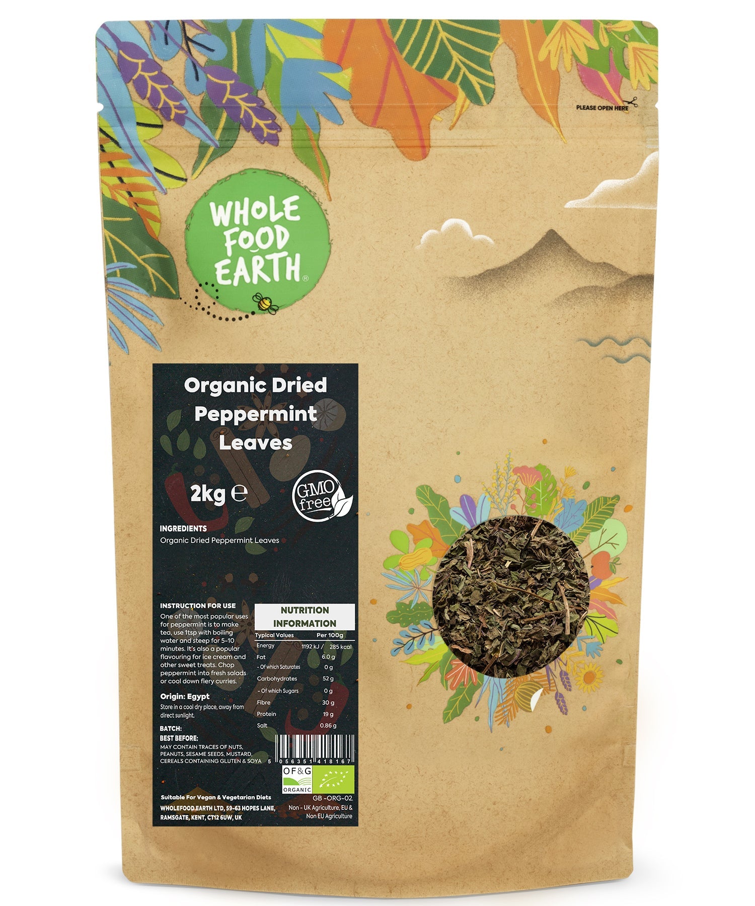 Organic dried peppermint leaves from Whole Food Earth, herbal spice in a 2kg package, perfect for teas and culinary use.