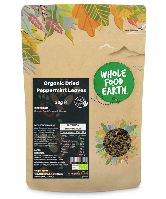 Dried organic peppermint leaves in a 50g package, from Whole Food Earth, used as herbs and spices for teas and cooking.