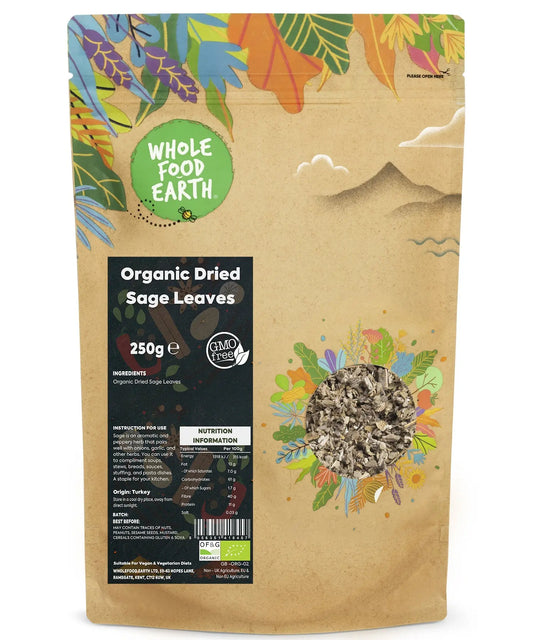 Dried organic sage leaves in a 250g package, natural herbal seasoning from ArtisanBox for cooking and herbal remedies.