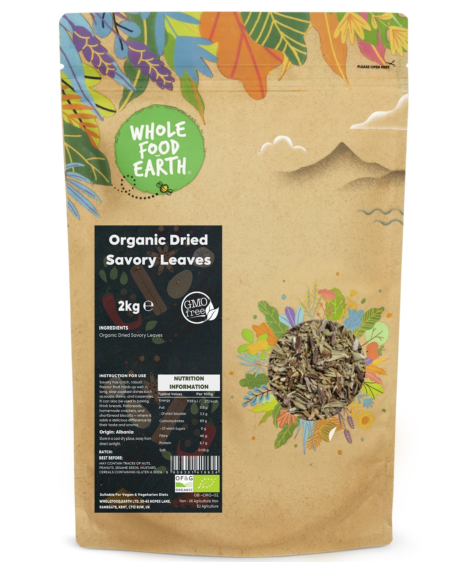 Dried organic savory herb leaves in a 2kg bag, part of Whole Food Earth’s herbs and spices collection.