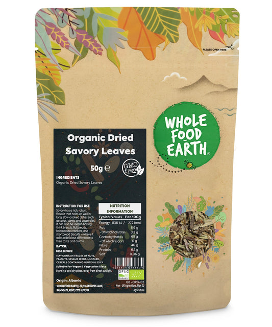 Dried organic savory herb leaves in a 50g package, from Whole Food Earth, perfect for seasoning and cooking.