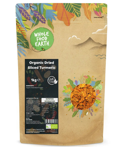Organic dried sliced turmeric from Whole Food Earth, 1kg, showcasing vibrant orange turmeric pieces used as herbs and spices.