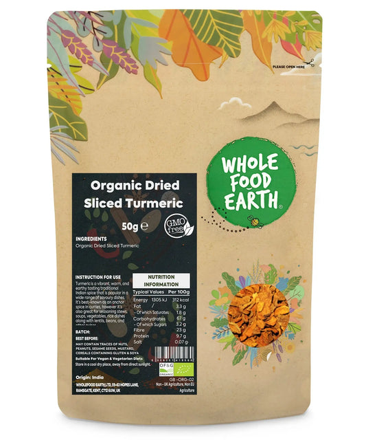 Organic turmeric slices from ArtisanBox, dried and sliced for culinary use, shown in the image.