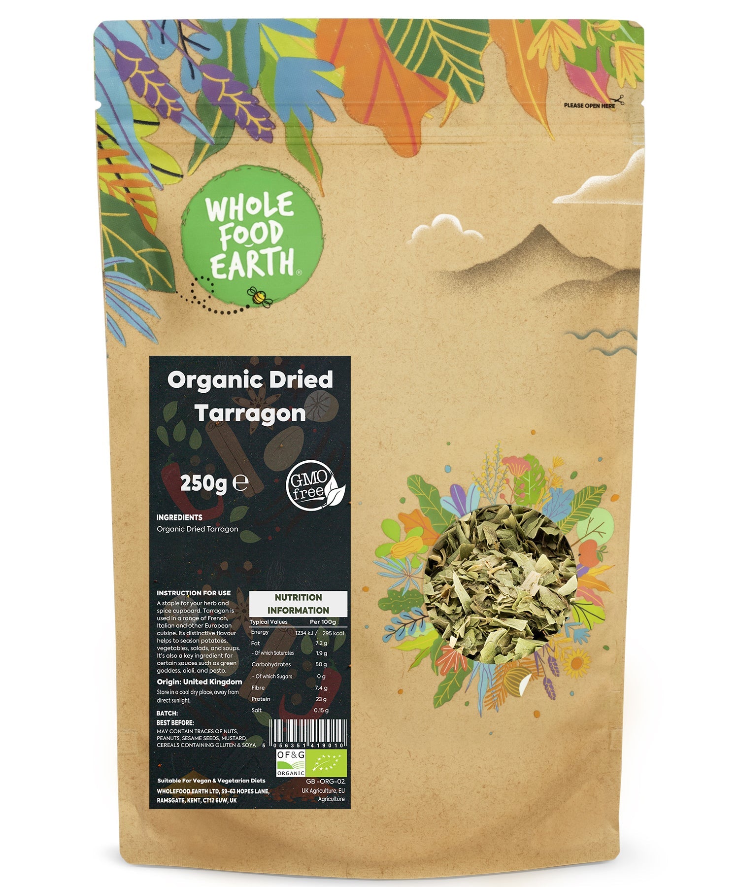 Dried organic tarragon herb in a 250g package from Whole Food Earth, showing fresh green leaves and dried herb for cooking.