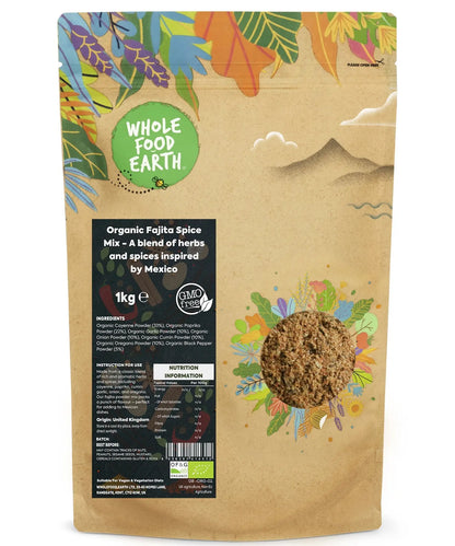 Organic Fajita Spice Mix from Whole Food Earth, a blend of herbs and spices inspired by Mexico, in a 1kg package.