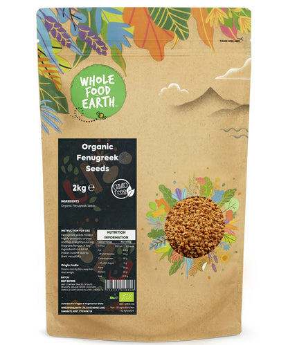 Organic Whole Fenugreek Seeds from Whole Food Earth, 2kg bag, showing small, golden-brown spice seeds used in herbs and spices.